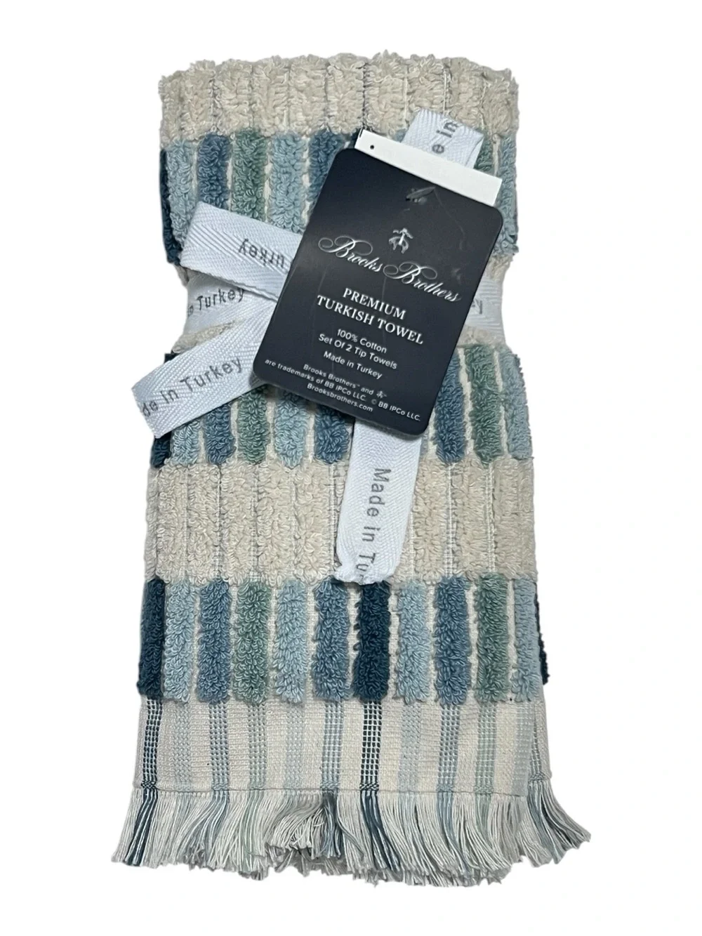 Brooks Brothers Premium Turkish Tip Towels Set of 2 Ocean Blue Tiles Fringe